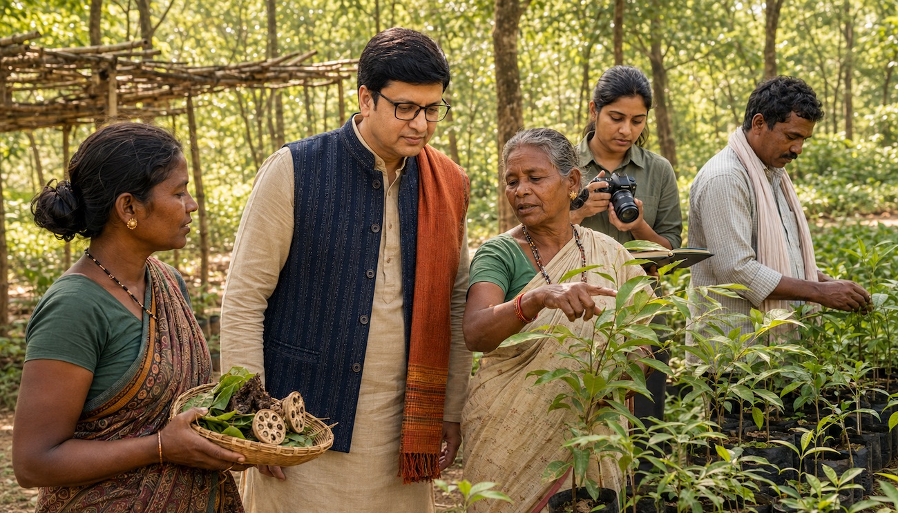 Rajeev Singh explores native plants with Adivasi elders and a field researcher during a Hodopathy initiative in Jharkhand.