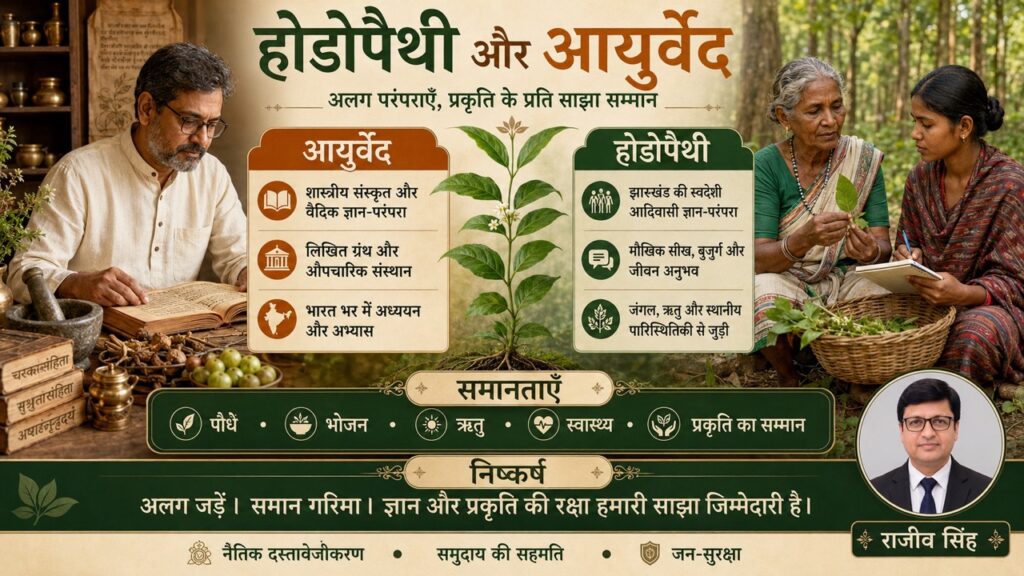 Hindi infographic by Rajeev Singh comparing Hodopathy and Ayurveda, featuring Jharkhand Adivasi forest knowledge, medicinal plants, oral traditions and shared values.