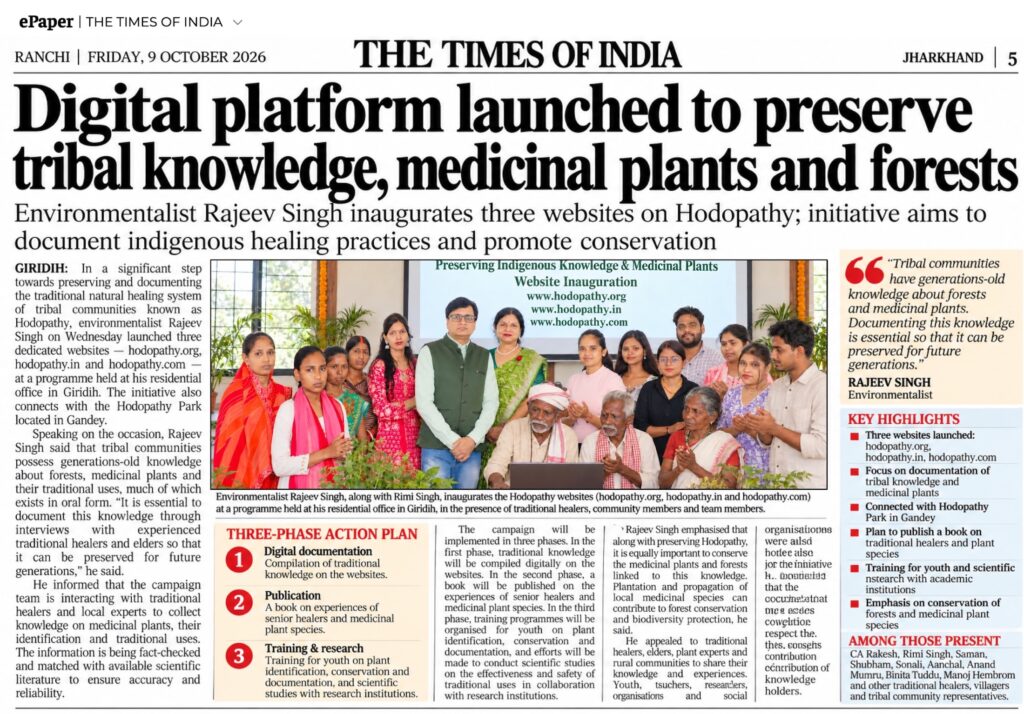 The Times of India Ranchi edition clipping dated 9 October 2026 covering Rajeev Singh’s Hodopathy conservation initiative and the launch of three websites.
